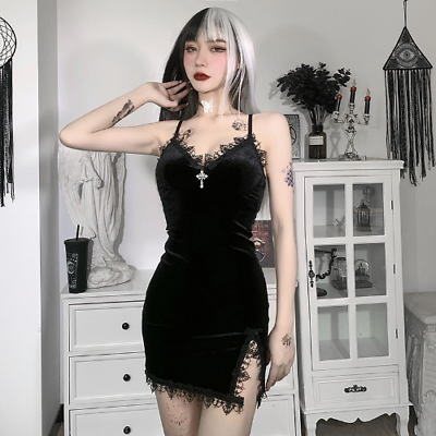 #ad Dark Cross Black Mini Dress Vintage Sexy Spaghetti High Waist Slit Dresses Goth AU $57.09