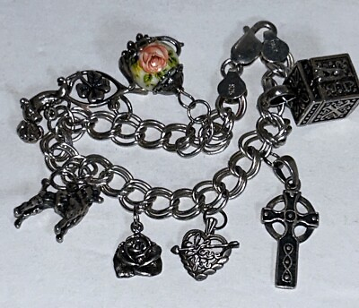 #ad 925 Sterling Silver Charm Bracelet with 8 Charms Including Prayer Box 34 grams $99.00