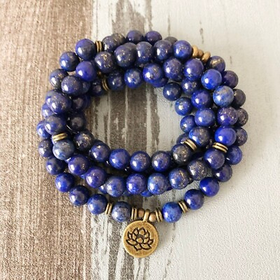 #ad 108 Mala Beads Natural Lapis Lazuli Stone Beaded Necklace Lotus Charm Necklace $15.90