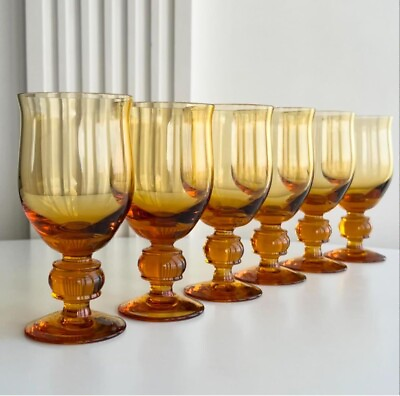 #ad 1930#x27;s Vintage Set of 6 Wine Cups Glasses Crystal Amber Glass Goblets Germany $195.00