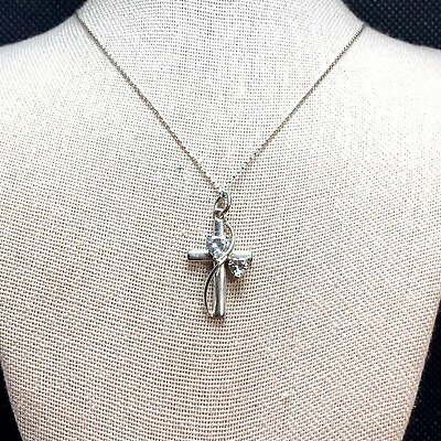 #ad Sterling Silver 925 Heart Shaped CZ Cross quot;Faith Hope Lovequot; On Back 18quot; Chain $26.00