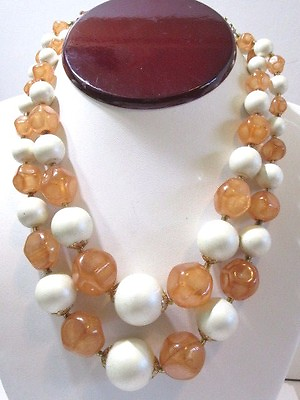 #ad WHITE AND LIGHT BROWN ODD PUCKERED SHAPE BEADED DOUBLE STRAND NECKLACE HONG KONG $16.00
