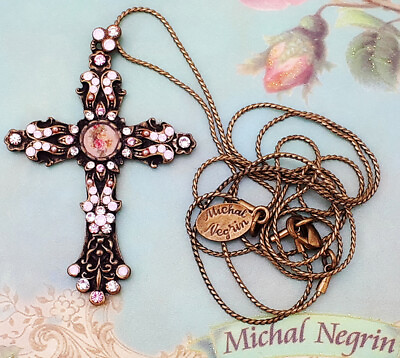 #ad Michal Negrin Cross Necklace pink Rose Swarovski Crystal Crucifix Pendant Floral $118.15