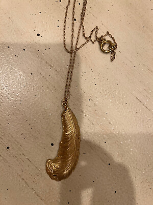 #ad Long Brass Feather Pendant Necklace 28 Inch Handmade $30.99