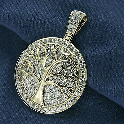 #ad 925 Sterling Silver Tree Pendant 2Ct Round Cut Moissanite 14K Yellow Gold Plated $173.70