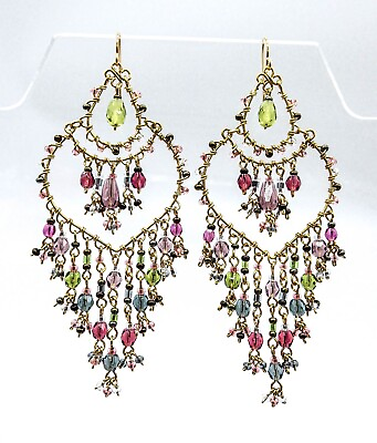 GORGEOUS NEW Artisanal Purple Olive Blue Multi Crystals Gold Chandelier Earrings $31.99