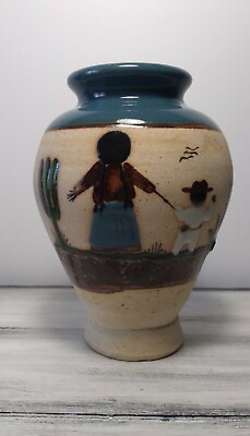 #ad Tonala Mexican Pottery Small Vase Hand Painted Stoneware Folk Art Mother Boy $16.20