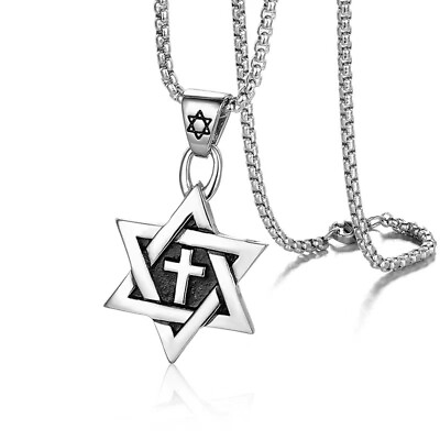 #ad Jewish Star of David Messianic Cross Pendant Necklace Stainless Steel Chain 24quot; $11.99