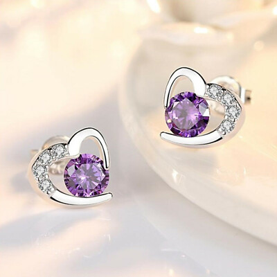 #ad Romantic Heart 925 Silver Plated Stud Earring Cubic Zircon Engagement Jewelry C $2.62