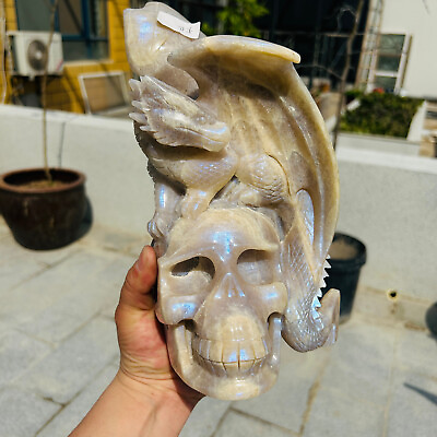 #ad 7.63LB Natural Blue Moonstone Quartz Crystal Hand Carved Skull Healing $699.00