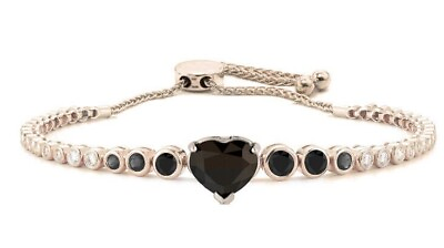 #ad 6.5Ct Heart Black Onyx Lab Created and CZ Bezel Set Bolo Bracelet in 925 Silver $181.34