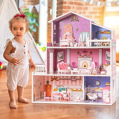 #ad Robud Wooden Dollhouse 3 Tier Toddler Doll House W Furniture Gift for Kids Girl $65.99