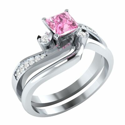 #ad 2.40ct Pink Lab Created Diamond Princess 925 Silver Engagement Bridal Set Ring $89.52
