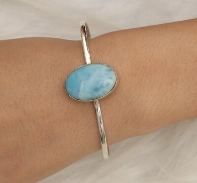 #ad Larimar 925 Sterling Silver Bangle Natural Gemstone Cuff Every Day Jewellery $49.99