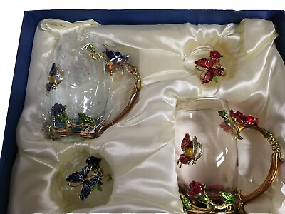 #ad NEW IN BOX Brew To A Tea 2 LG Swarovski Like Crystal Butterfly Floral Glasses $34.99
