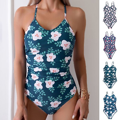 #ad Women#x27;s Summer Sexy One Halter Swimsuit Floral Print Body Hugging Swimsuit $19.53