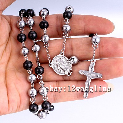 #ad Mens Chain Silver Black Bead Rosary Stainless Steel Jesus Cross Pendant Necklace $4.99