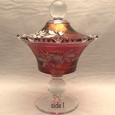 #ad Paden City Hand Painted Cranberry Red Beaded Covered Pedestal Compote USA 9.5quot;t $54.00