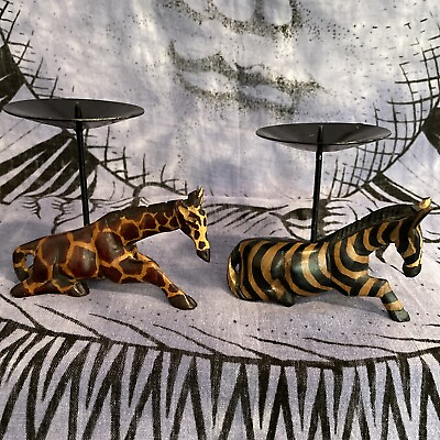 #ad African Handmade Wooden Zebra and Giraffe Candle HoldersAprx: 5.25” x 5” x 2.5” $15.99