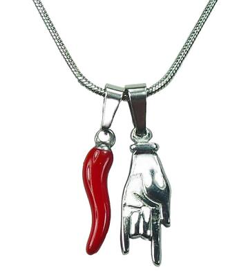 #ad Small Red Cornicello and Mano Cornuto Necklace Italian Hand Horn Protection $18.99