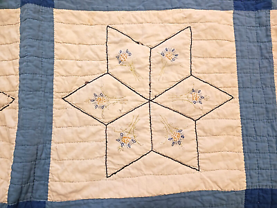 #ad Vtg Handmade Blue White Patchwork Quilt Embroidered Flowers Perfectly Distressed $89.00
