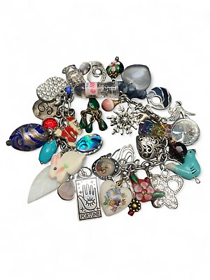 #ad Vintage Massive Silver tine Loaded 33 Cha Cha Charm Charms Bracelet 7.75” $49.00