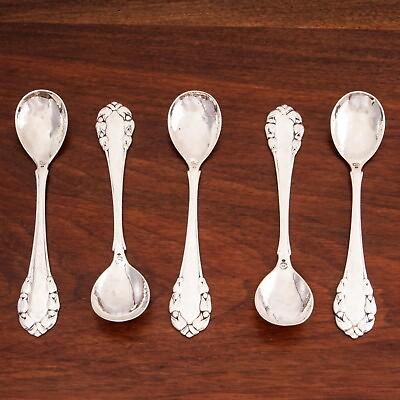 #ad 5 EARLY GEORG JENSEN DANISH 830 SILVER EGG SPOONS LILY OF THE VALLEY OLD MARKS $359.50