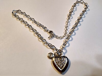 #ad G by GUESS SILVER TONE NECKLACE HEART WITH RHINESTONES 18quot; LONG $10.49