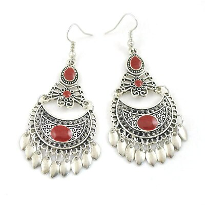 #ad Turkish Style Silver Color Ethnic Earrings with Red stones and leaves $7.99