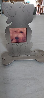 #ad Vintage Silver Tone Metal Dog Picture Frame Holds 1 2x2 photo Bone Base Stands $12.99