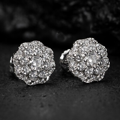 #ad #ad Iced Round CZ White Gold Sterling Silver Flower Cluster Hip Hop Stud Earrings $25.99