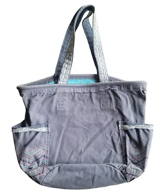 #ad 31 Thirty One Gray Distressed Tote Bag Lace and Embroidery Details Chevron Patte $12.99