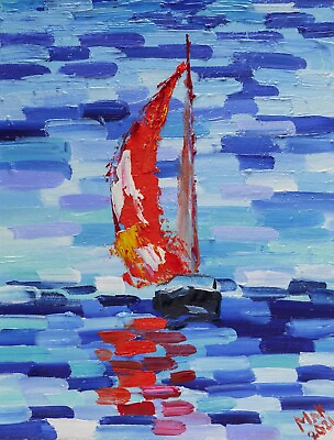 #ad Abstract Seascap Oil Painting Sailboat Original Art Ocean Artwork Impasto Art $35.00