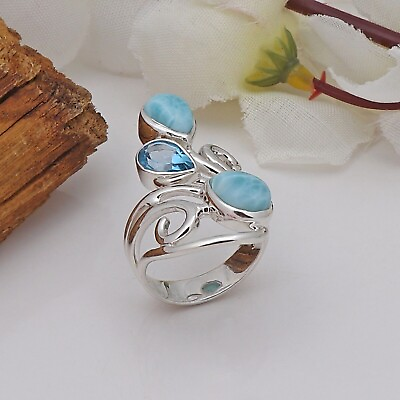#ad Blue Horizon Serenity: Larimar with Blue Topaz Sterling Silver Ring $69.59