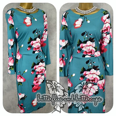 #ad ROMAN Occasion Size 16 BNWT Dress Teal Floral 3 4 Sleeve Party Cruise Wedding GBP 31.99