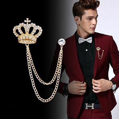 #ad Men Crown Brooches Rhinestone Lapel Pins Suit Tassel Badge Shirt Collar Corsage $12.20