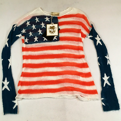 #ad Wildfox White Label Women Wool Blend Sweater XS Red White Blue American Flag NWT $62.99