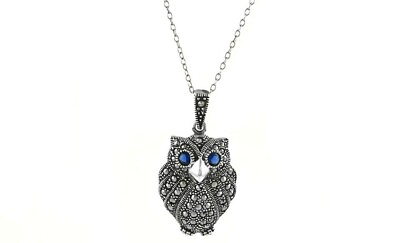 #ad 925 Sterling Silver Genuine Marcasite Black Owl Pendant Necklace 18quot; $11.99