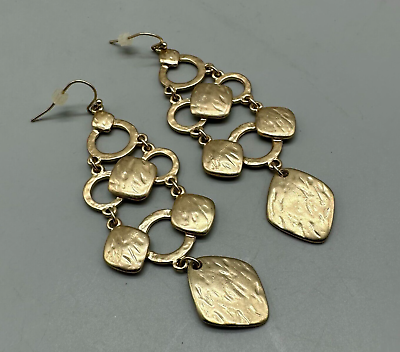 #ad Chandelier Earrings Matte Gold Tone Hammered Pierced Statement Costume Jewelry $16.99