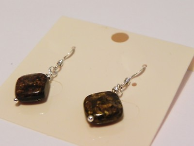 #ad Bronzite square sterling silver gemstone drop earrings GBP 11.00