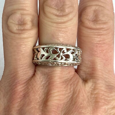 #ad Sterling Silver 925 Filigree Openwork Scrollwork 10MM Wide Band Ring Sz 7.25 $49.99