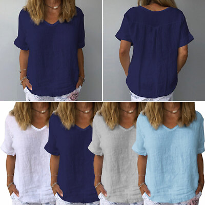 #ad Women Loose Solid Short Sleeve Cotton Linen Casual T Shirt Loose Summer Tops ‖ $11.68