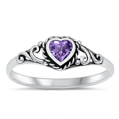 #ad Heart Ring Oxidized Solid Sterling Silver 925 Amethyst CZ Height 6 mm Size 4 10 $12.48