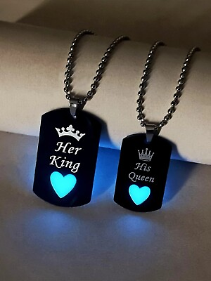 #ad quot;Couples Crown Heart Glow in the Dark Necklace Set HER KING amp; HIS QUEENquot; $11.99