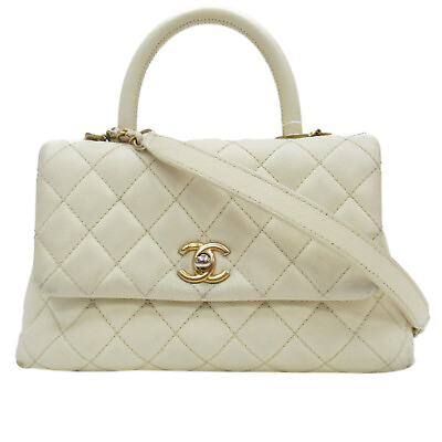 #ad CHANEL White Coco Handle Shoulder Bag Quilted Caviar Leather $4239.36