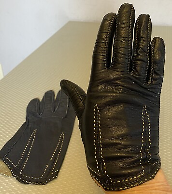 #ad vintage Black Leather Gloves 6 short wrist tan stitched driving style $14.95