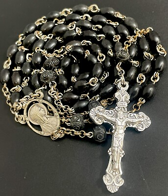 #ad Vintage Catholic Black Cocoa Wood Rosary Creed Silver Tone Crucifix Italy $15.99