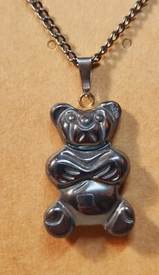 #ad #1 Carved Hematite Teddy Bear Pendant Bead Unisex Necklace $10.25