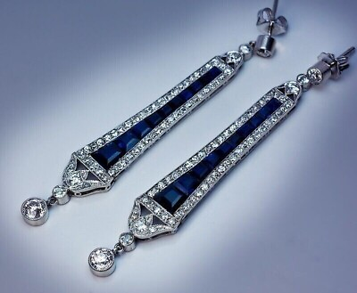 #ad Art Deco Style Lab Created Diamond amp; Sapphire Dangle Drop 925 Silver Earrings $79.45