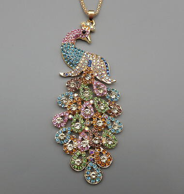#ad Colorful Crystal Rhinestone Big Peacock Pendant Long Necklace $7.99
